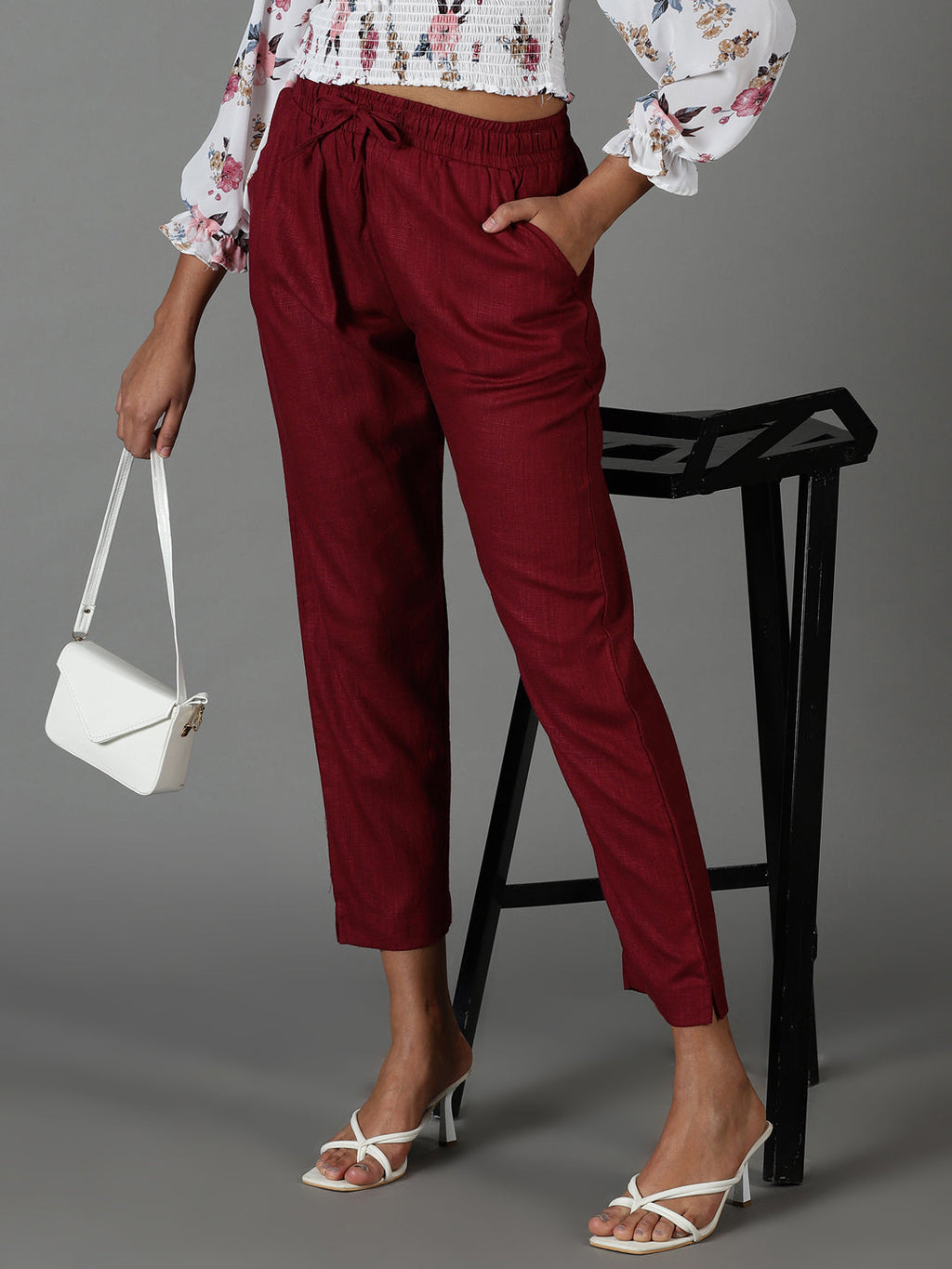 Women's Red Regular Fit Cigarette Trouser
