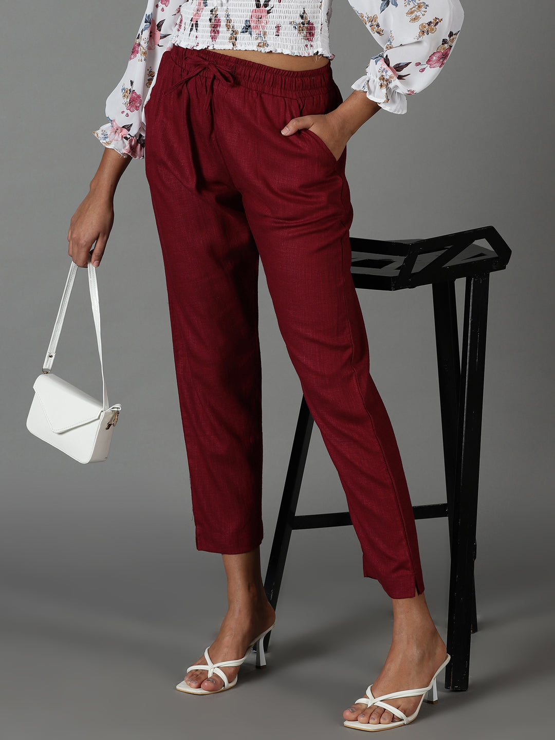 Women's Red Regular Fit Cigarette Trouser