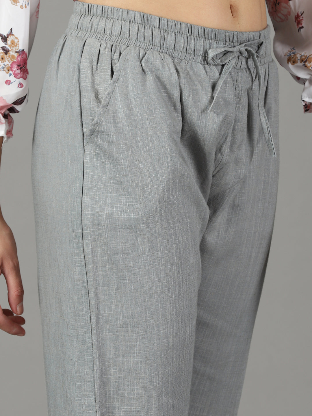 Women's Grey Pure Cotton Regular Fit Mid-Rise Trousers