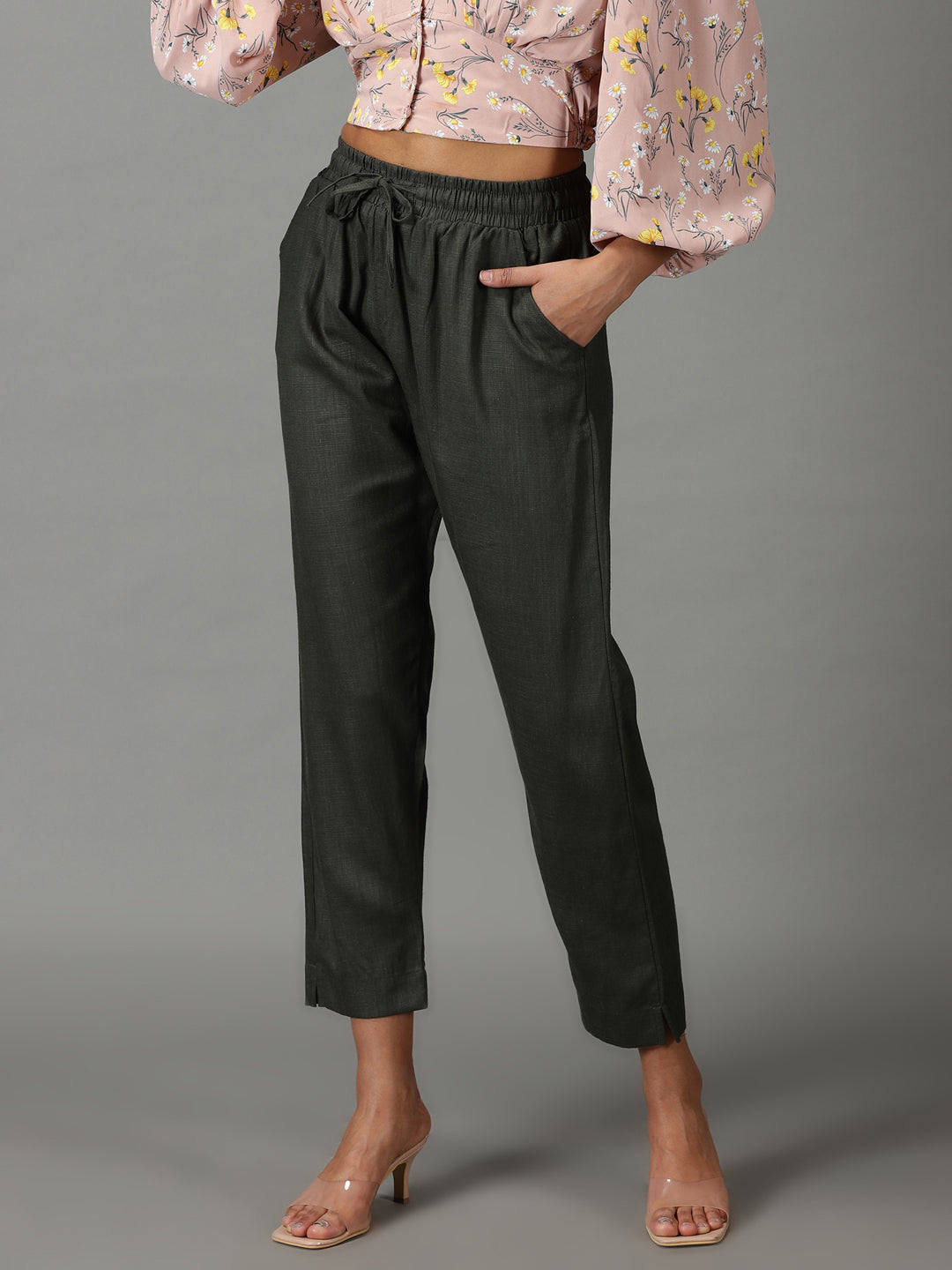 Women's Olive Pure Cotton Regular Fit Mid-Rise Trousers