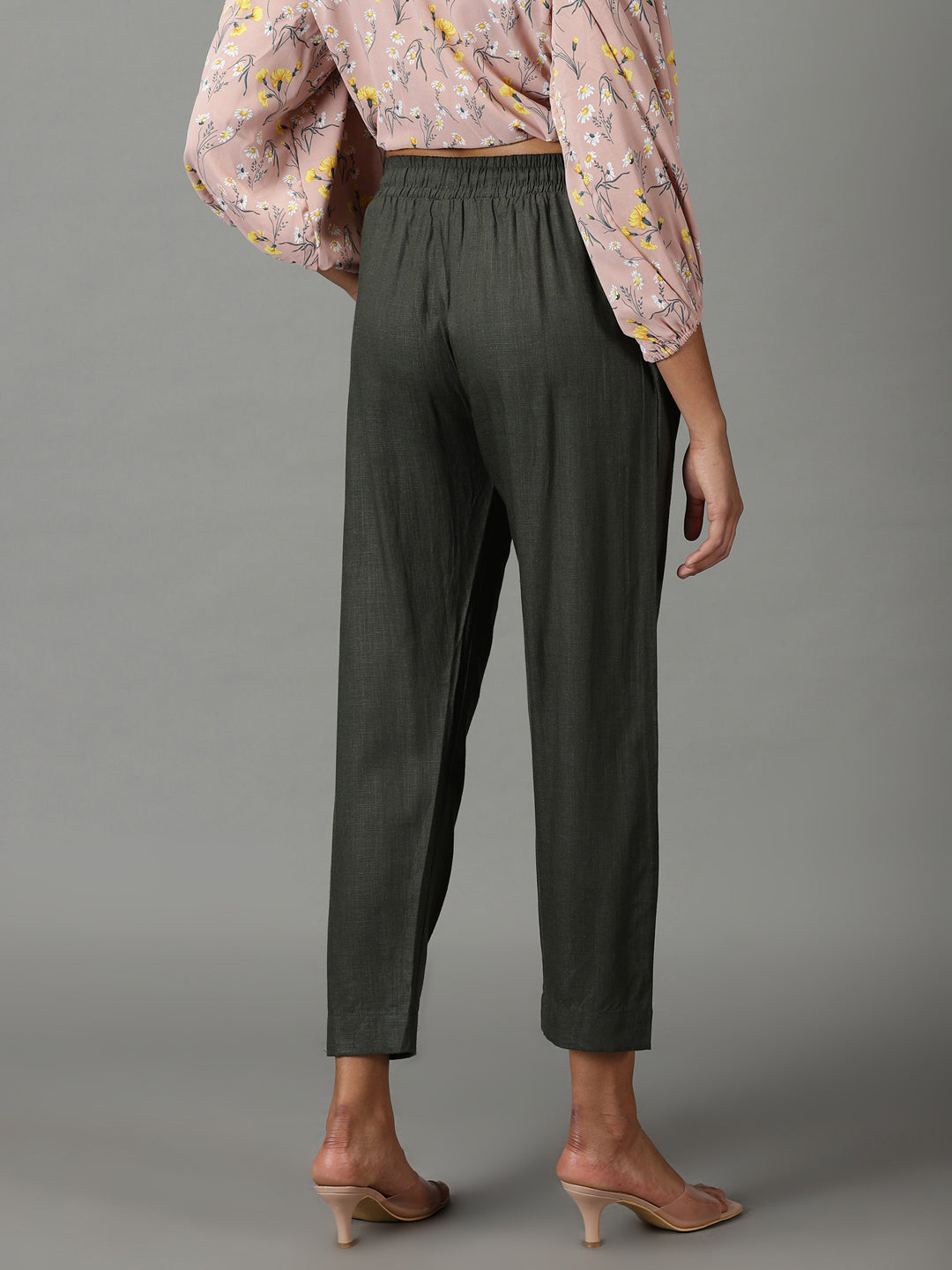 Women's Olive Pure Cotton Regular Fit Mid-Rise Trousers