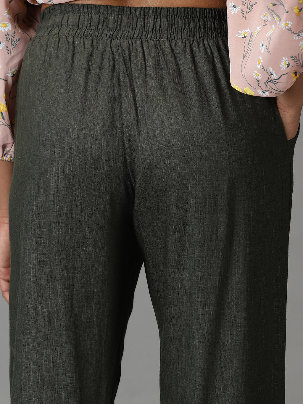 Women's Olive Pure Cotton Regular Fit Mid-Rise Trousers