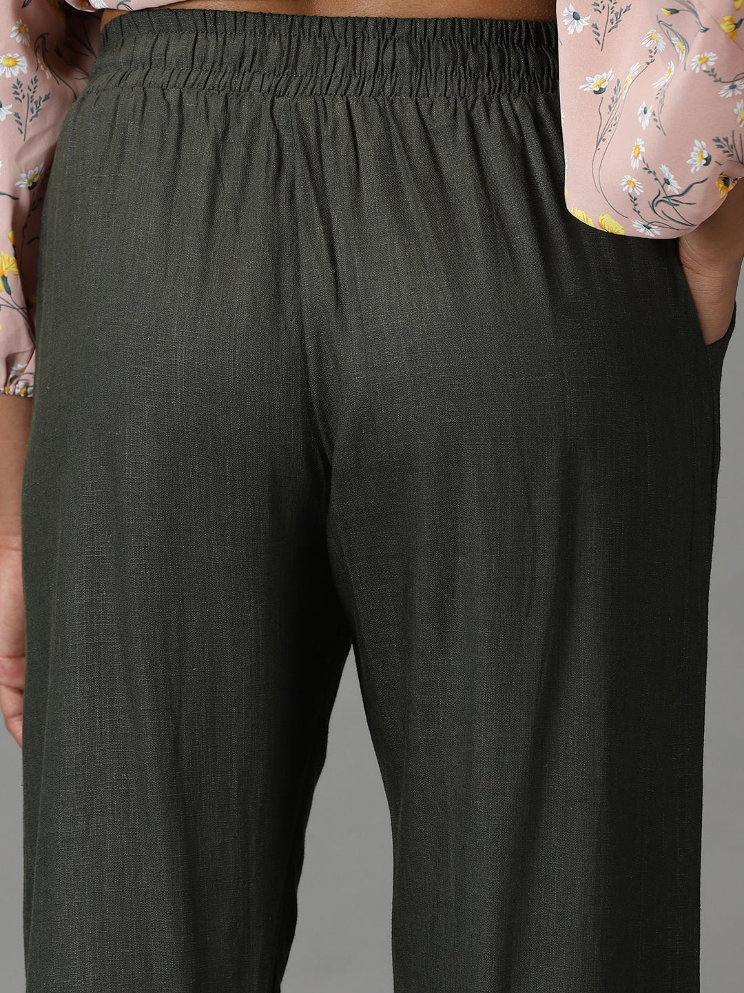 Women's Olive Pure Cotton Regular Fit Mid-Rise Trousers