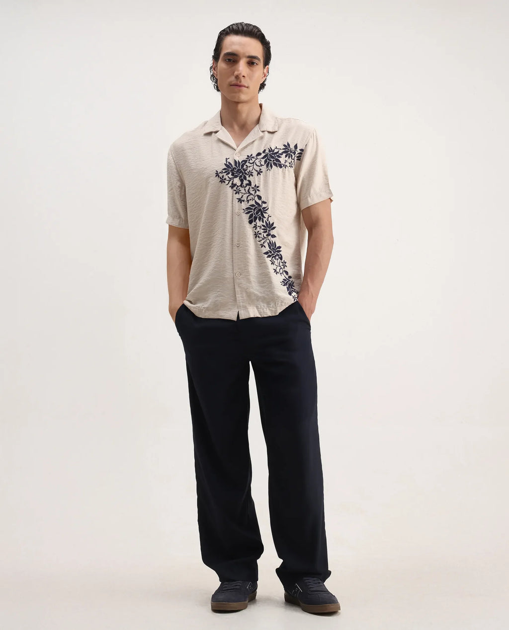 Rare Rabbit Men's Alix Beige Viscose Blend Embroidered Boxy Fit Half Sleeve Cuban Collar Shirt