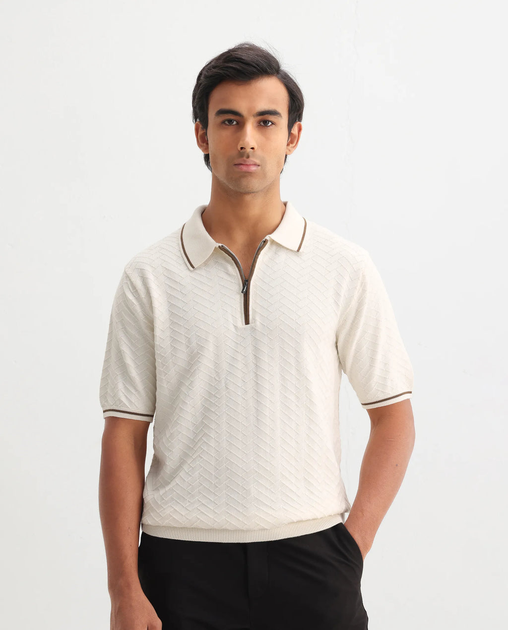 Rare Rabbit Men's Amet Off White Cotton Textured Regular Fit Half Sleeve Polo
