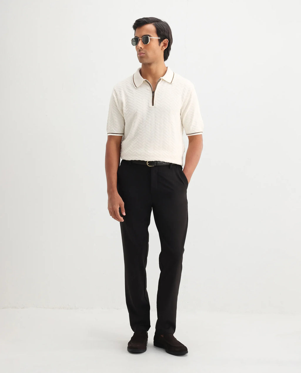 Rare Rabbit Men's Amet Off White Cotton Textured Regular Fit Half Sleeve Polo