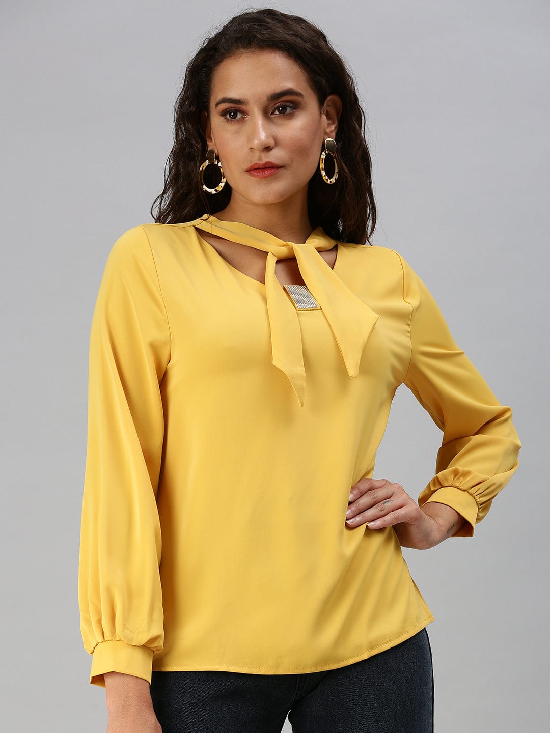 Women's Mustard Tie-Up Neck Top