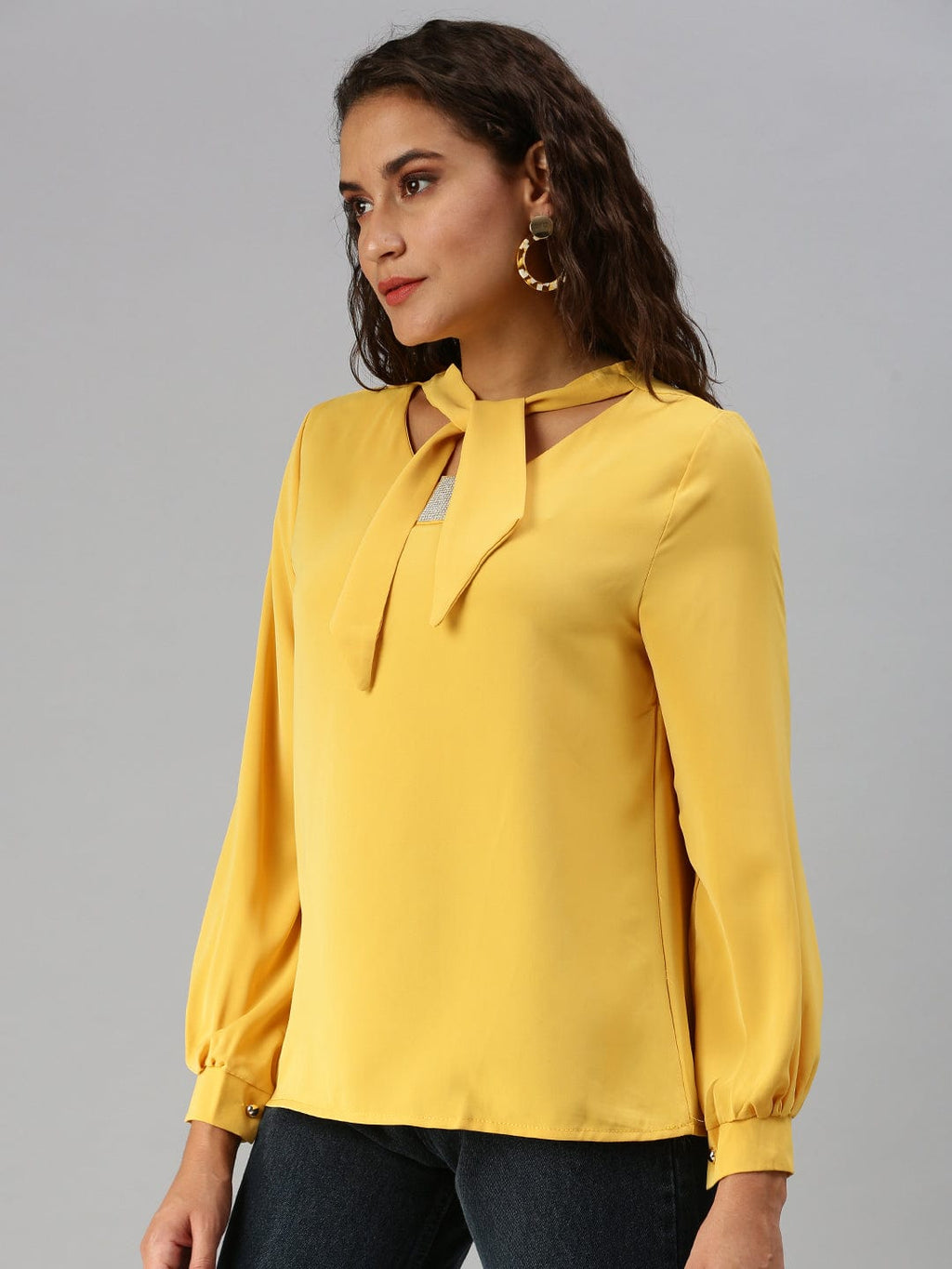 Women's Mustard Tie-Up Neck Top