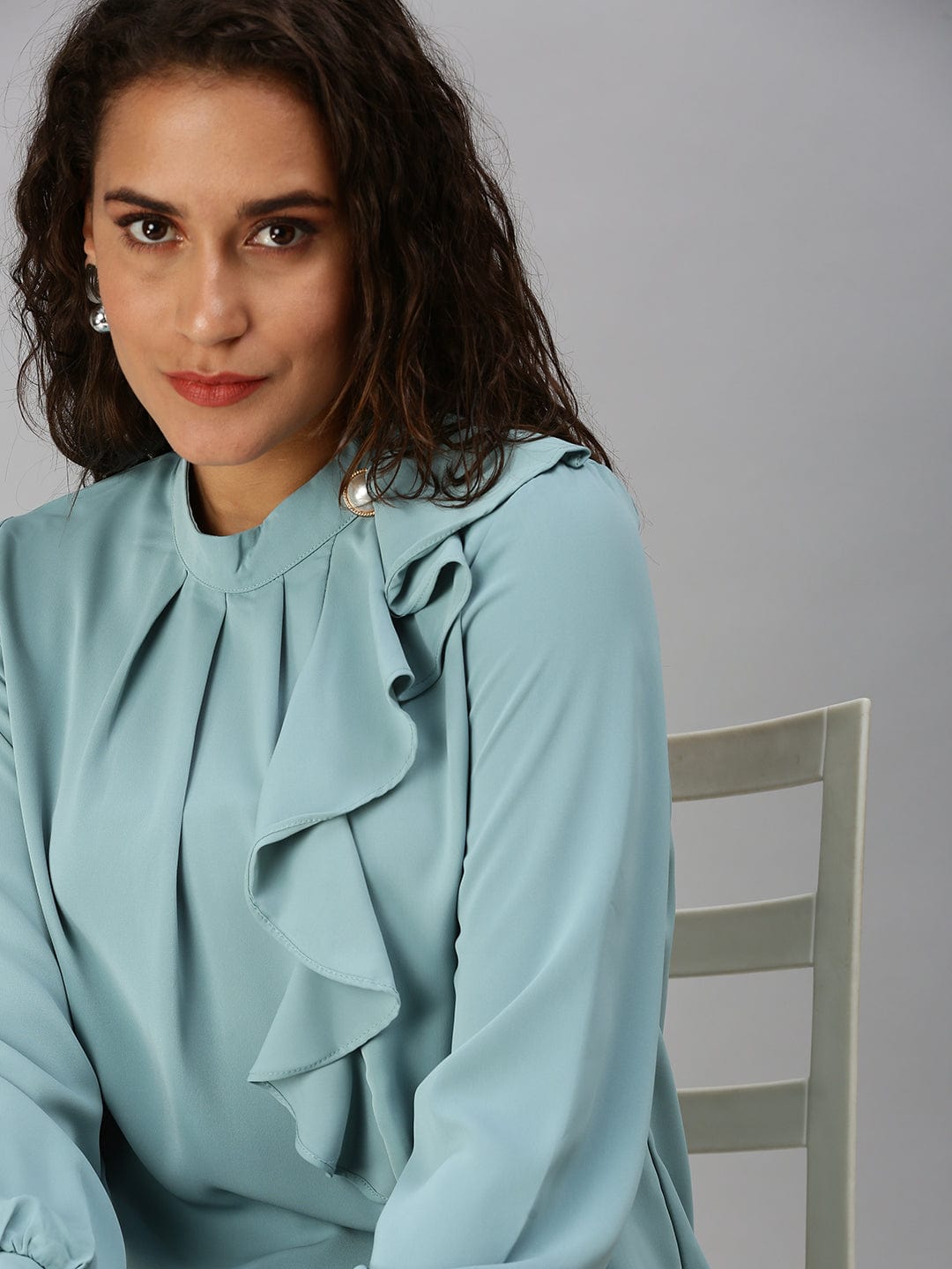 Women's Turquoise Blue Mandarin Collar Ruffles Top