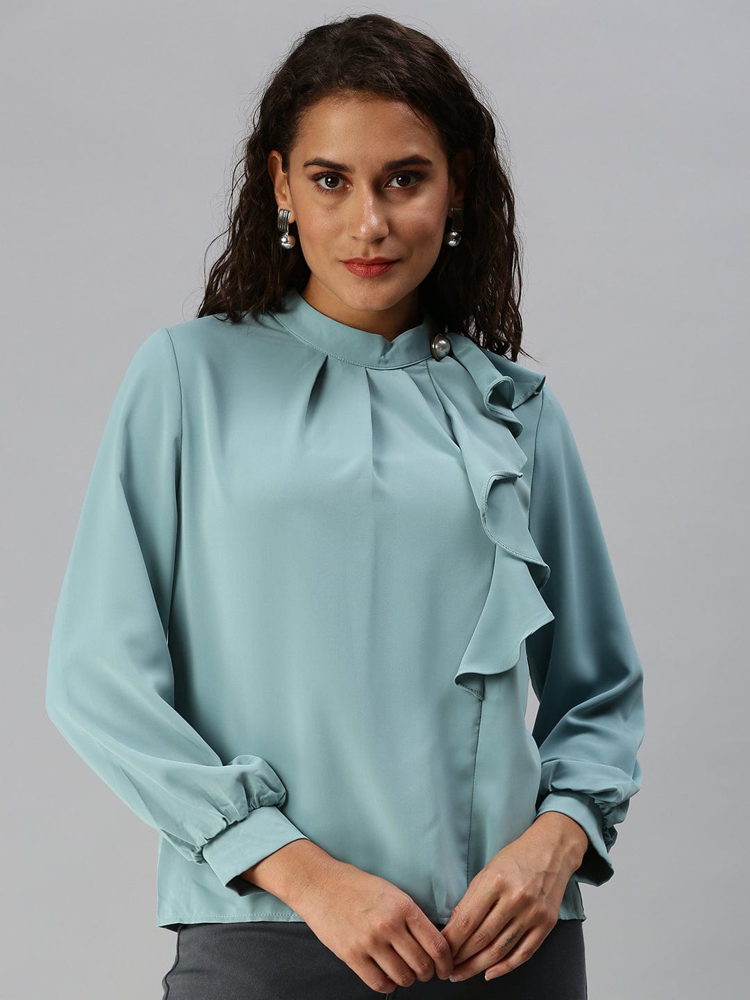 Women's Turquoise Blue Mandarin Collar Ruffles Top