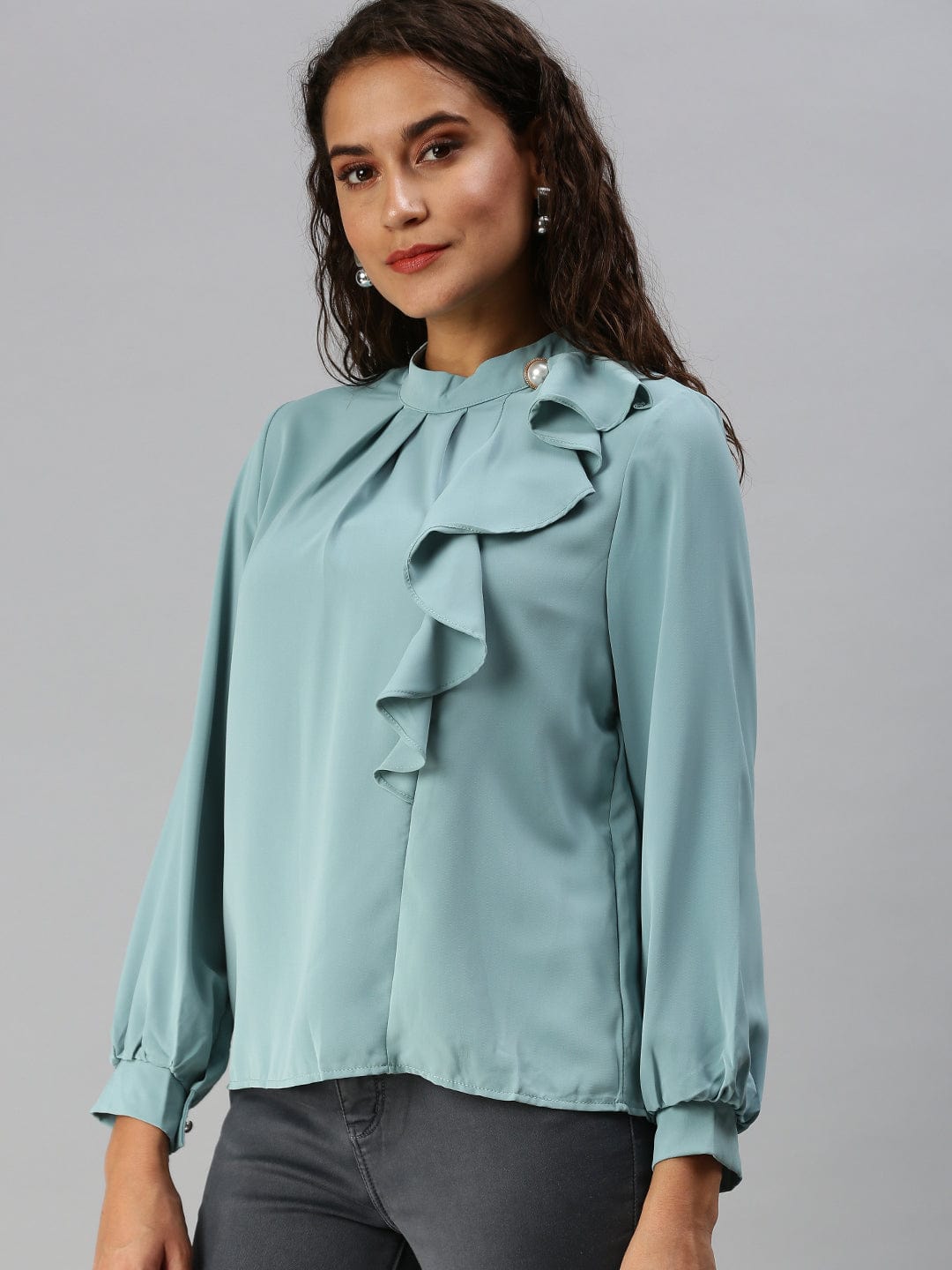 Women's Turquoise Blue Mandarin Collar Ruffles Top