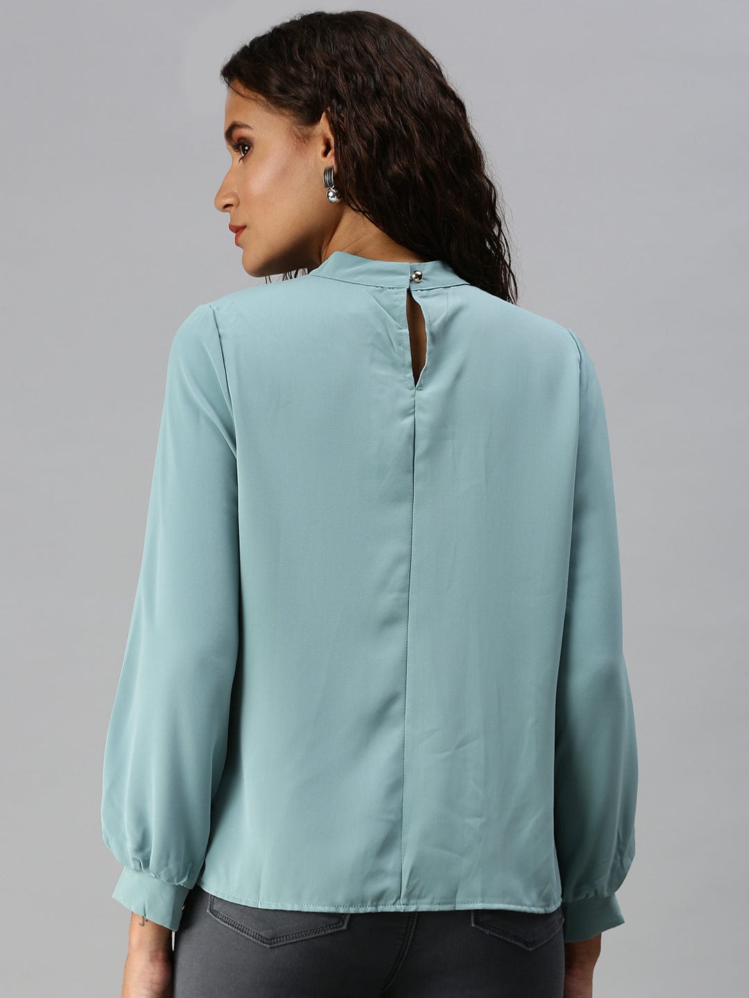 Women's Turquoise Blue Mandarin Collar Ruffles Top