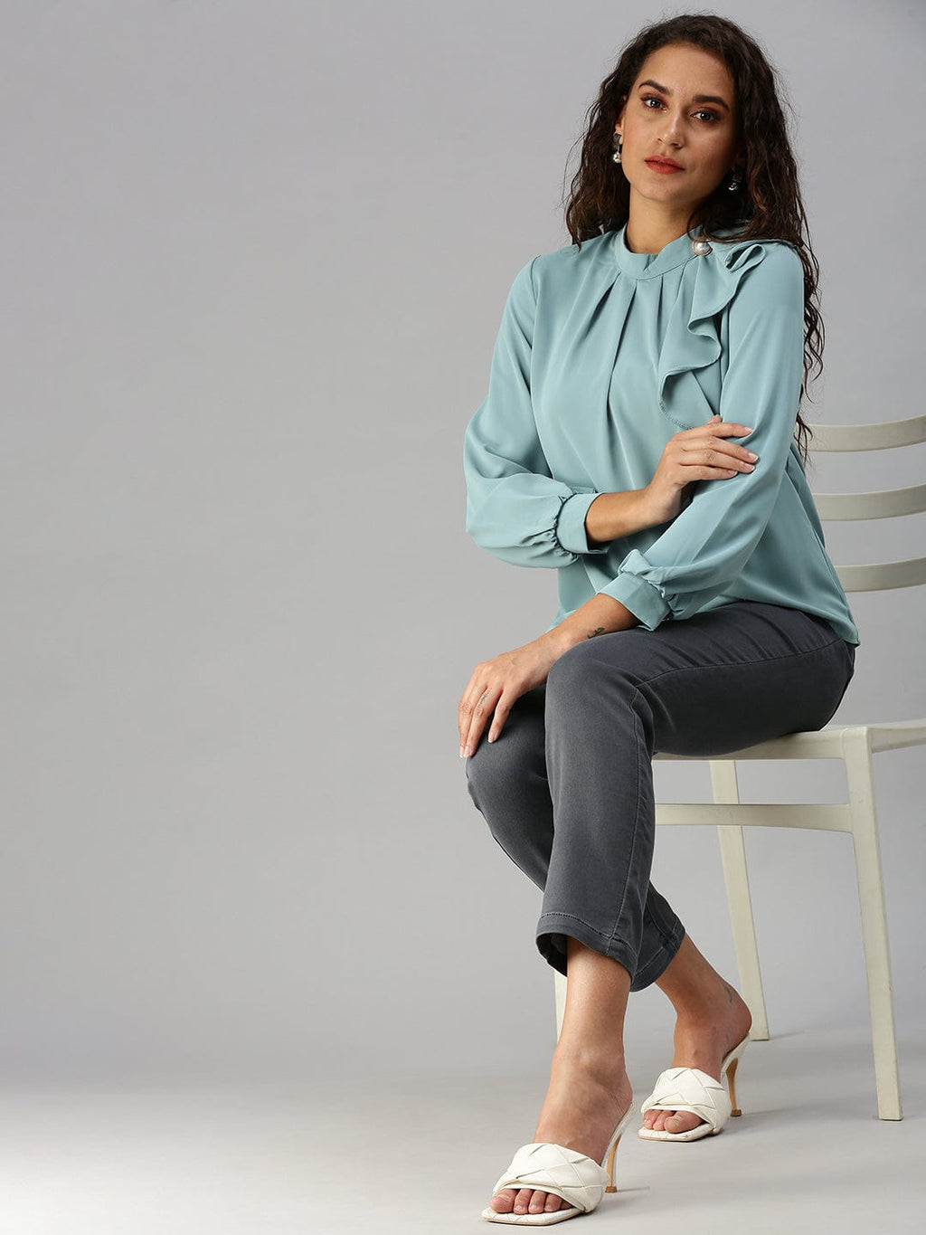 Women's Turquoise Blue Mandarin Collar Ruffles Top