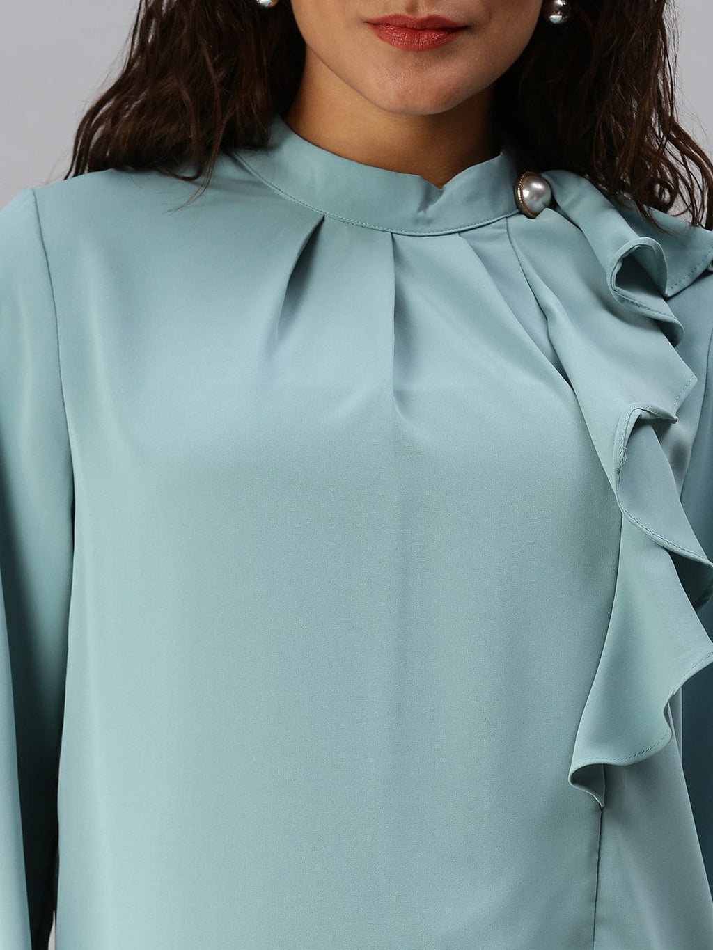 Women's Turquoise Blue Mandarin Collar Ruffles Top