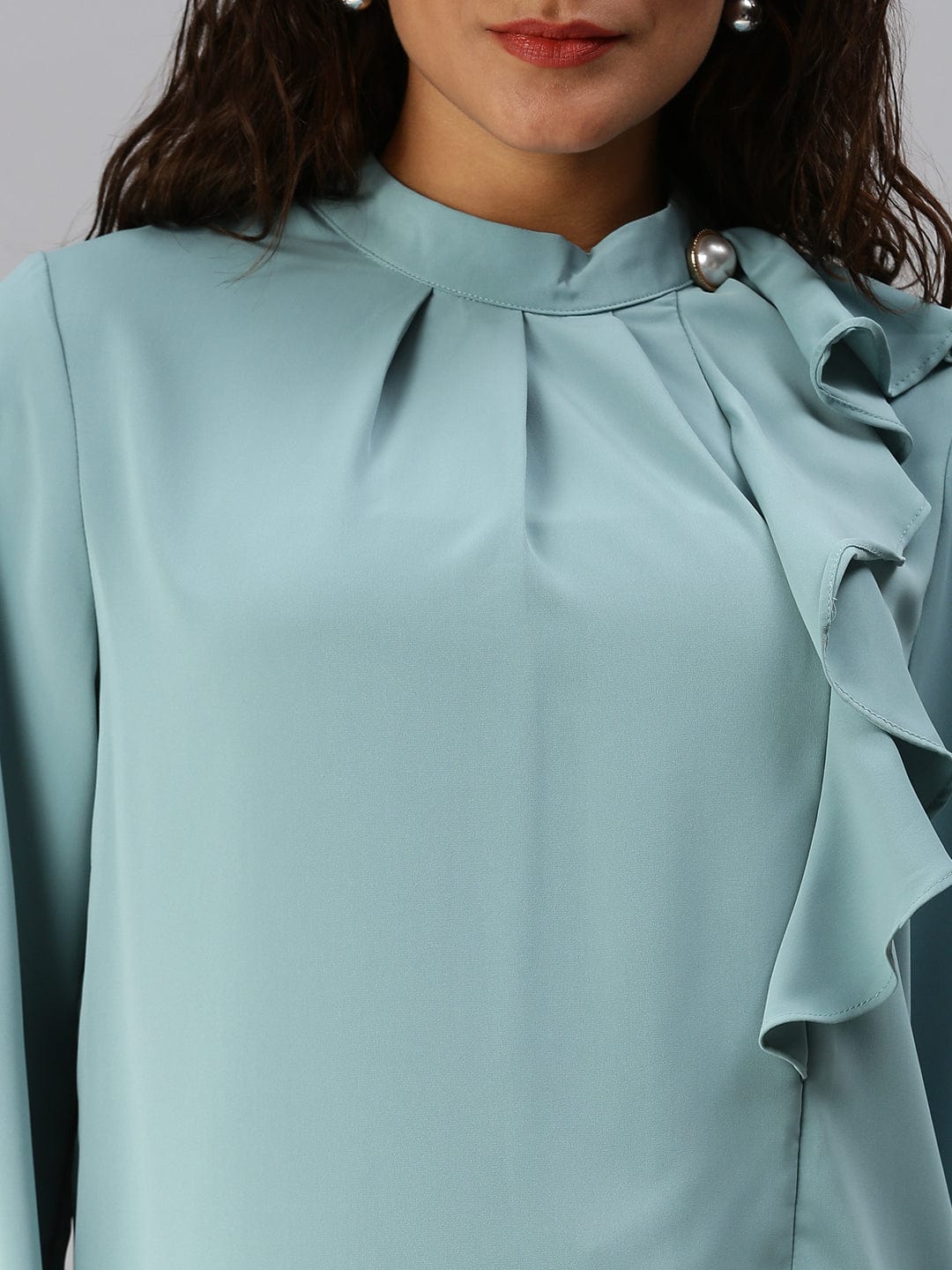 Women's Turquoise Blue Mandarin Collar Ruffles Top
