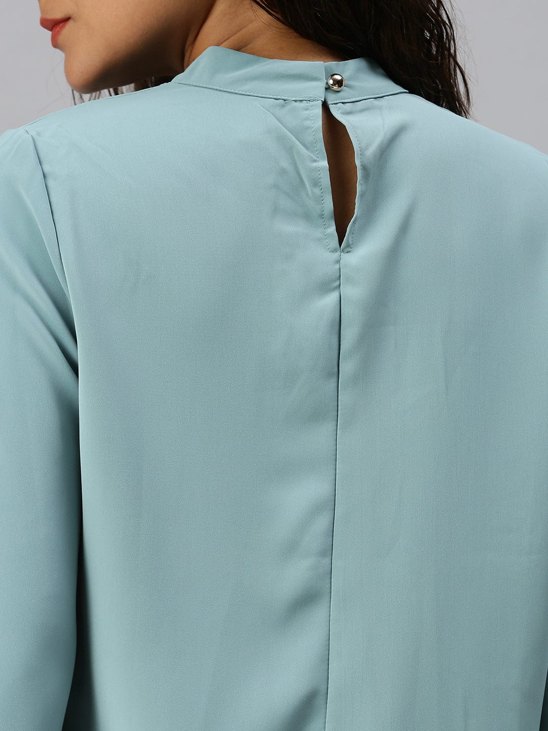 Women's Turquoise Blue Mandarin Collar Ruffles Top