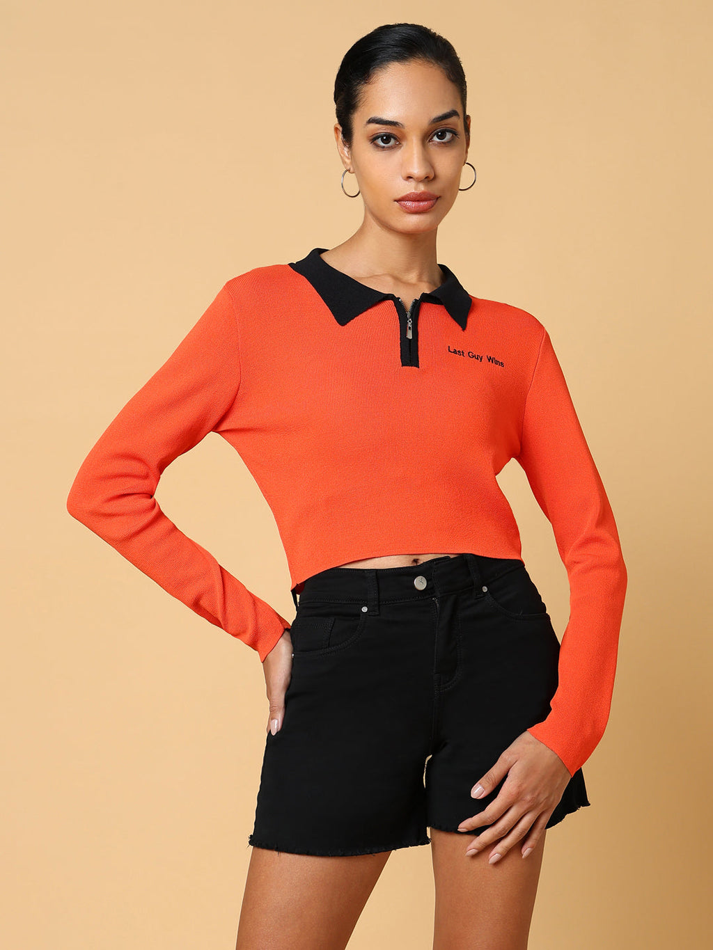Women's Orange Solid Shirt Collar Top