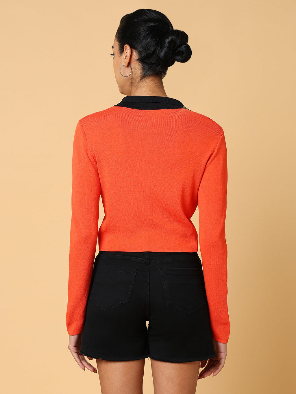 Women's Orange Solid Shirt Collar Top