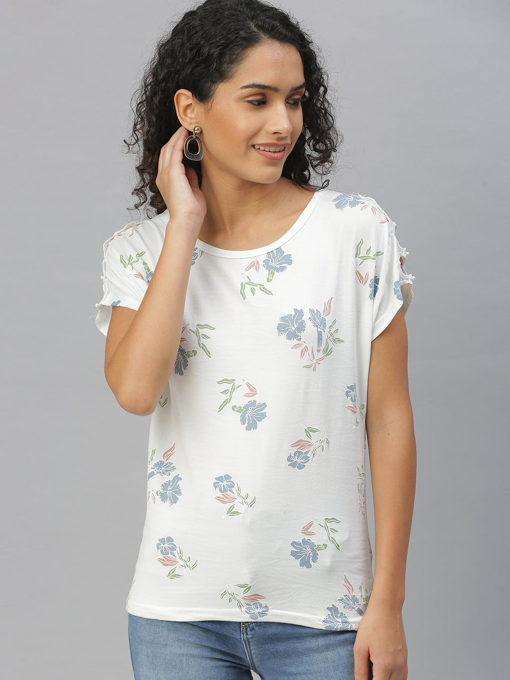 Women's White Floral Printed Knitted Top