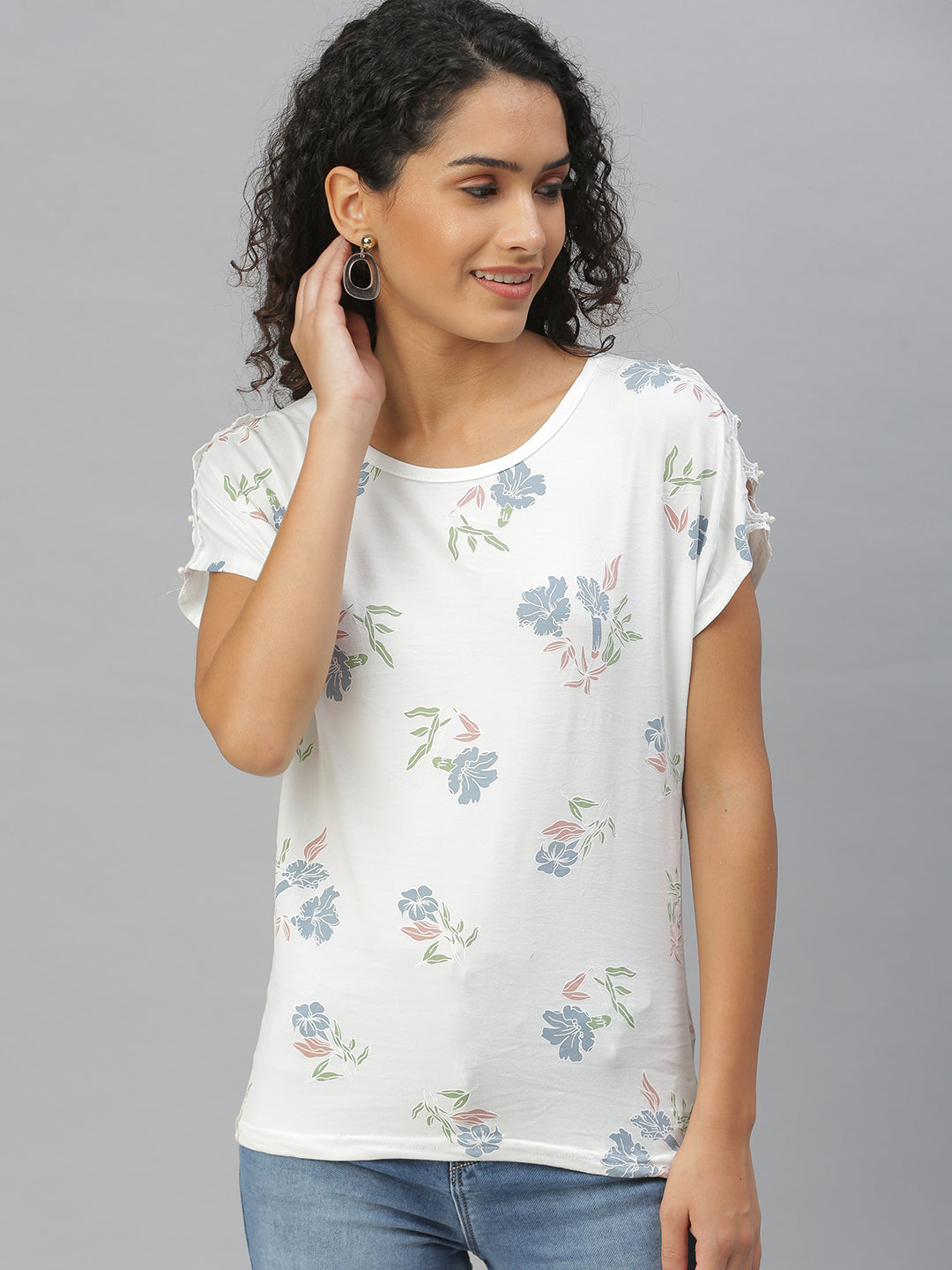 Women's White Floral Printed Knitted Top