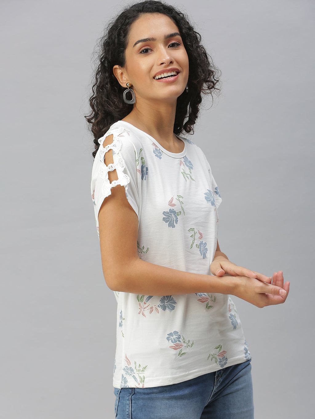 Women's White Floral Printed Knitted Top