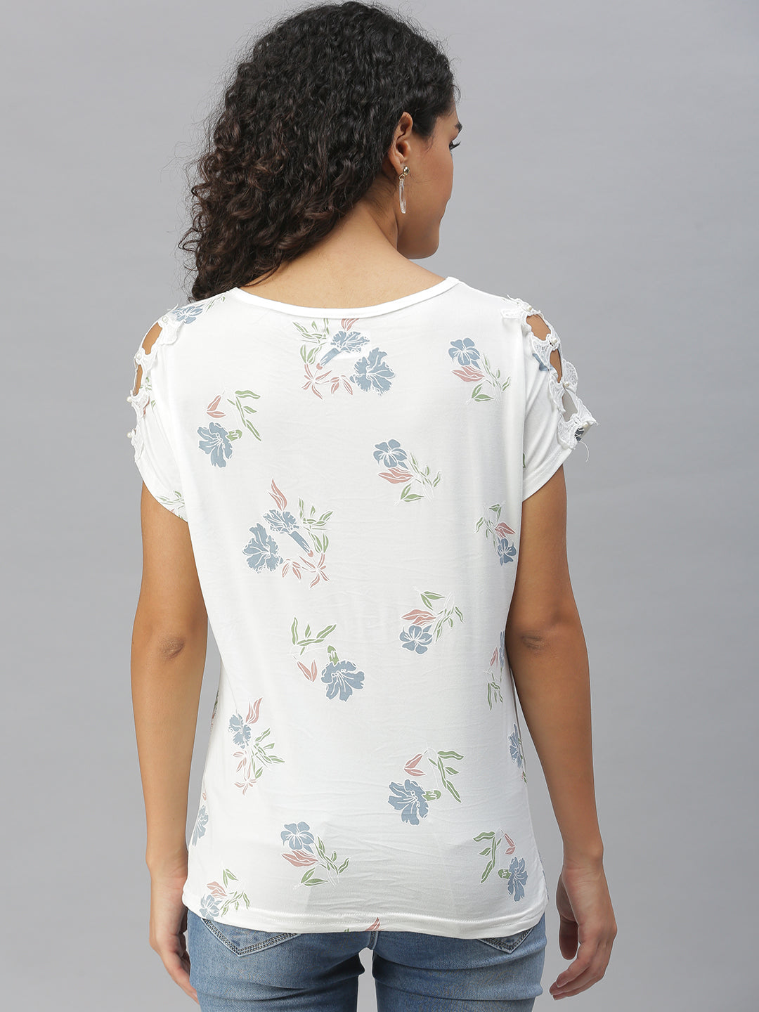 Women's White Floral Printed Knitted Top
