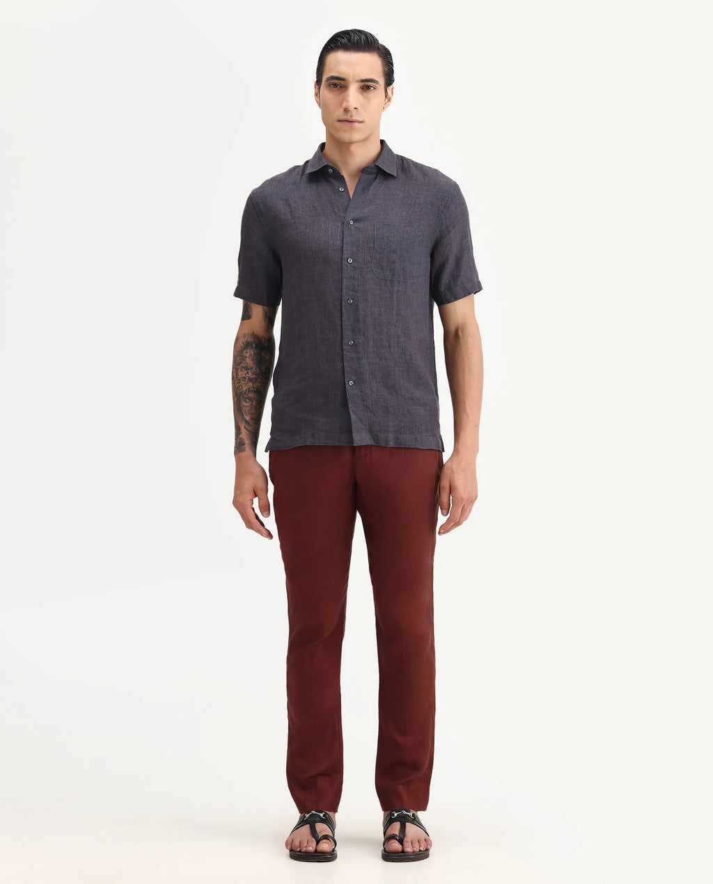 Rare Rabbit Men's Arcelo-2 Rust 100% Linen Plain Regular Fit Trouser