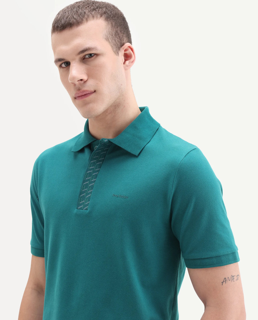 Rare Rabbit Men's Arko Green Cotton Plain Regular Fit Half Sleeve Polo