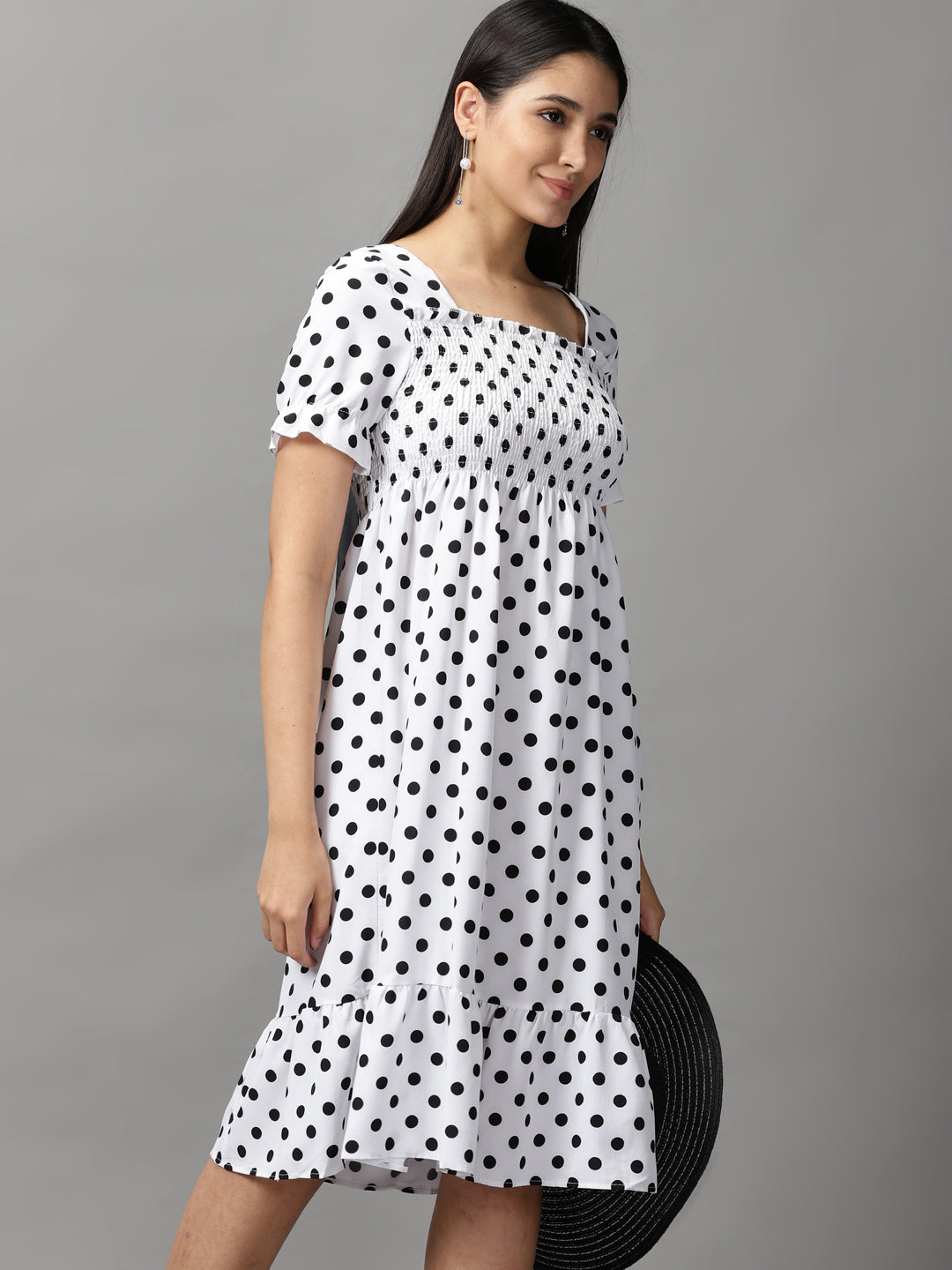 Women's White Polka Dots Chiffon Fit & Flare Dress