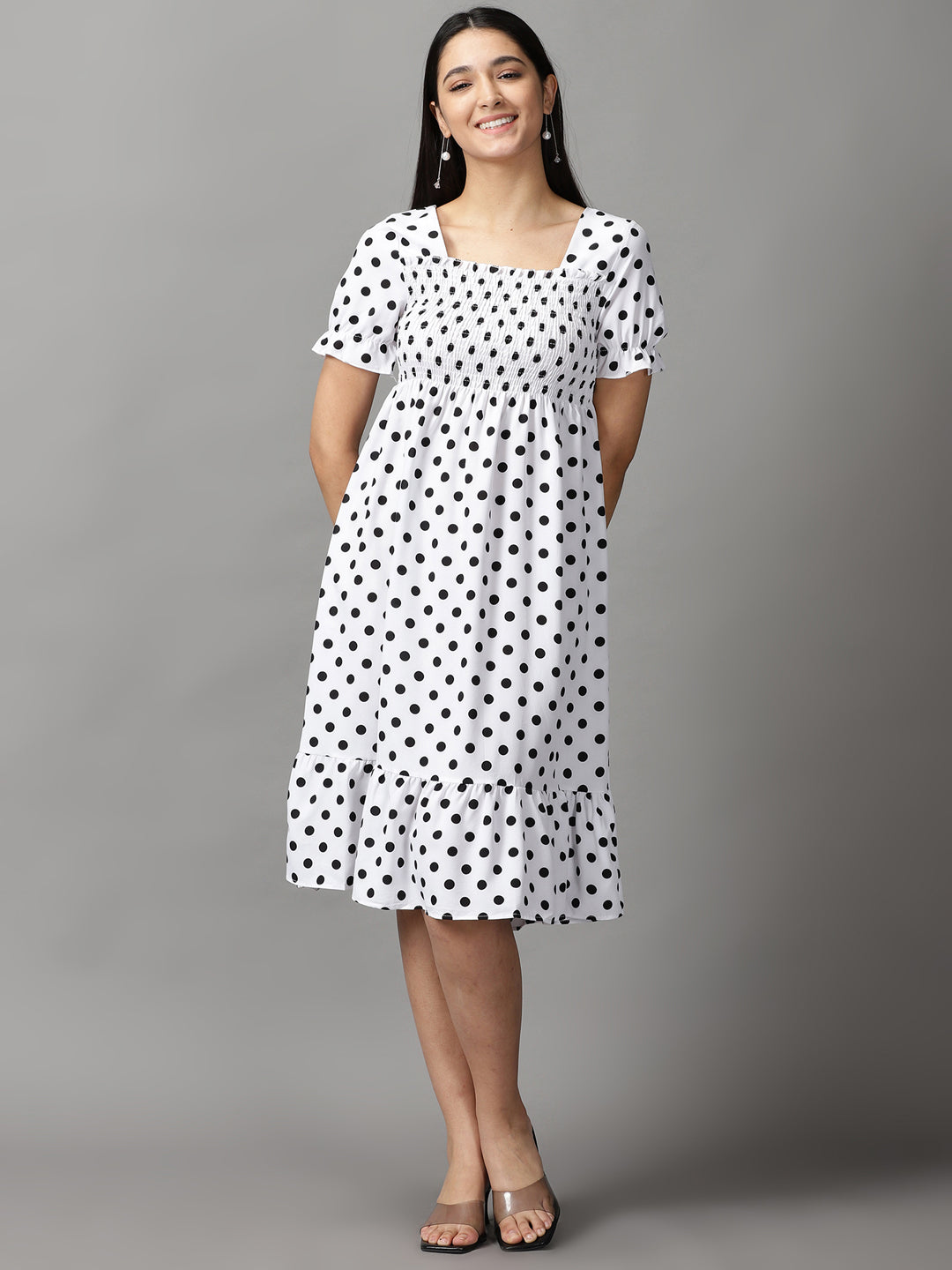 Women's White Polka Dots Chiffon Fit & Flare Dress