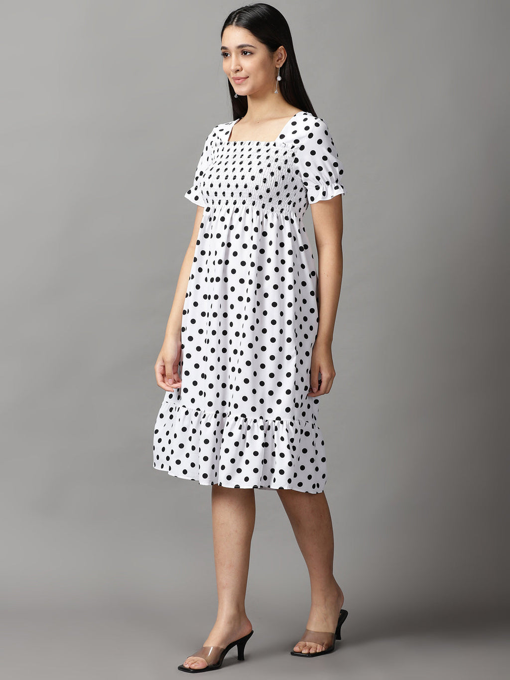 Women's White Polka Dots Chiffon Fit & Flare Dress