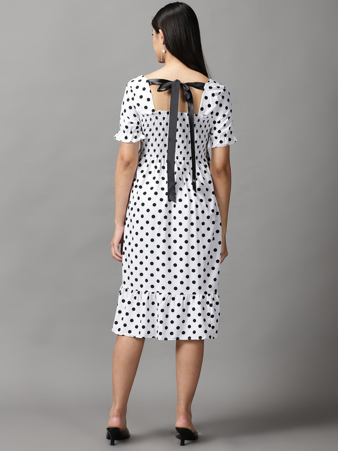 Women's White Polka Dots Chiffon Fit & Flare Dress