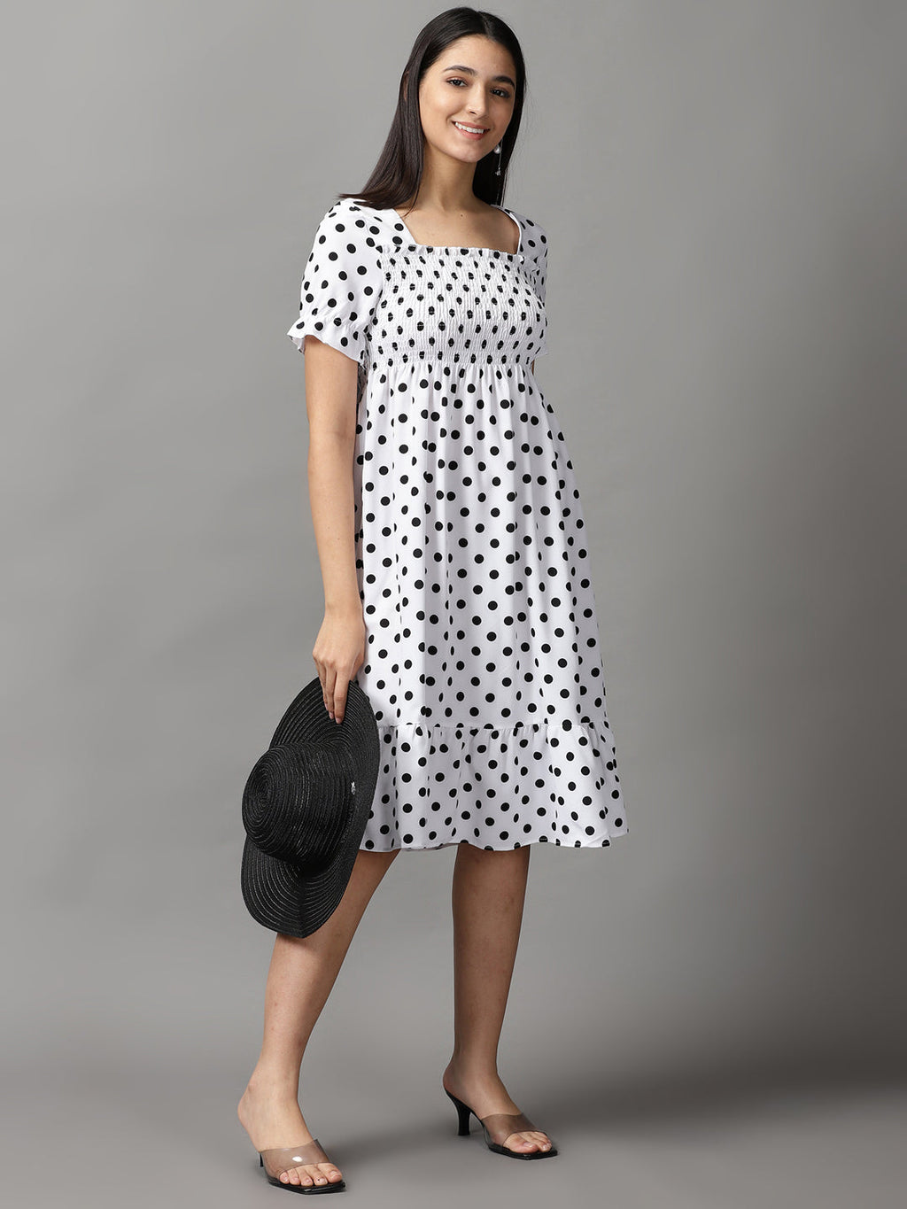 Women's White Polka Dots Chiffon Fit & Flare Dress