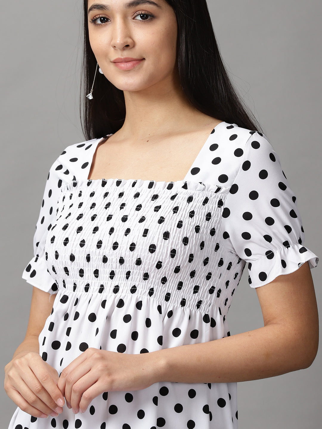 Women's White Polka Dots Chiffon Fit & Flare Dress