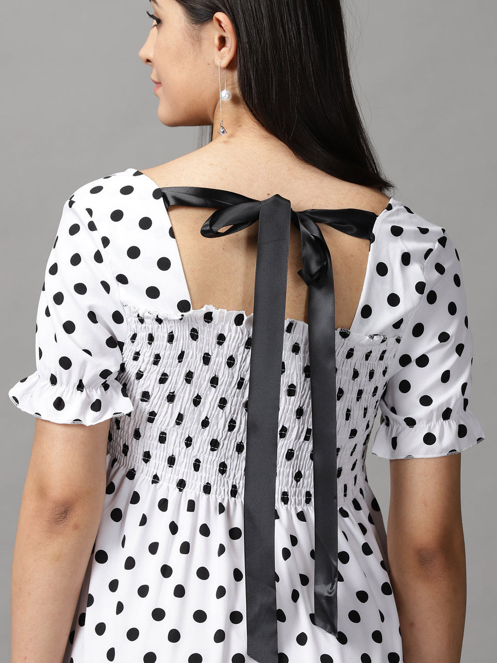 Women's White Polka Dots Chiffon Fit & Flare Dress