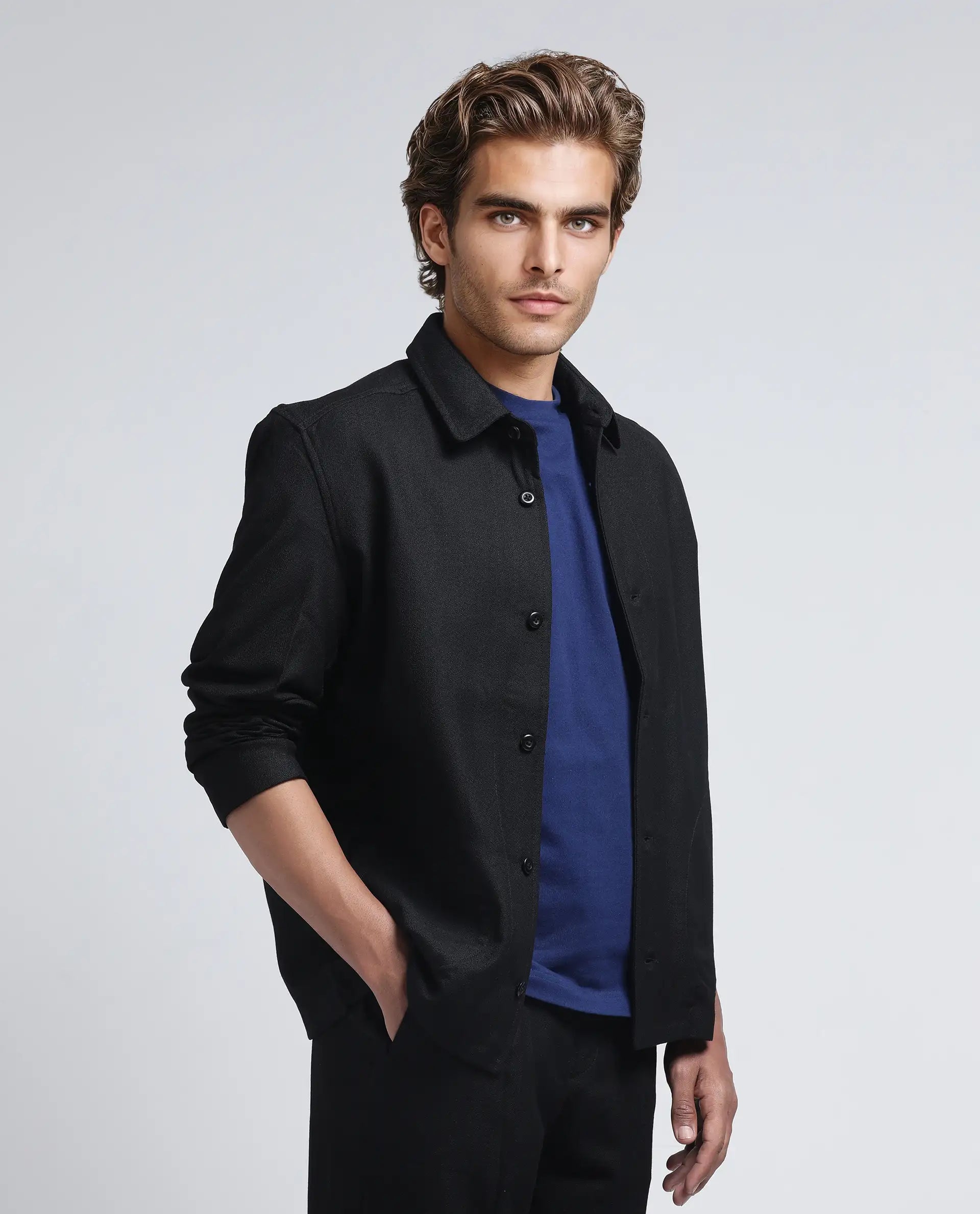Rare Rabbit Men's Aront Black Polyester Plain Relaxed Fit Full Sleeve Spread Collar Jacket