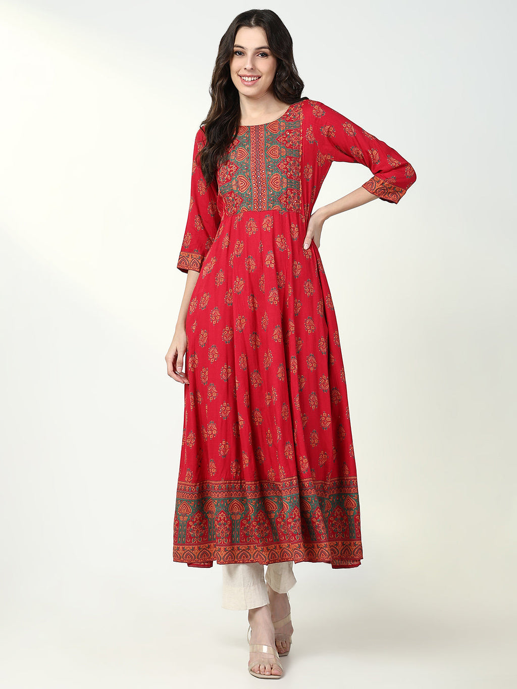 Women's Red Floral Anarkali Kurta