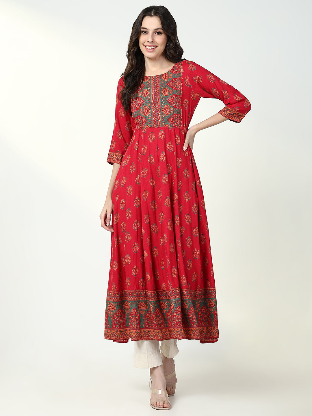 Women's Red Floral Anarkali Kurta