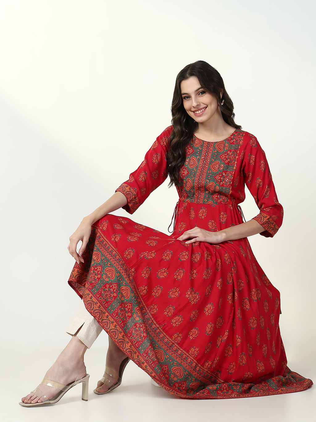 Women's Red Floral Anarkali Kurta