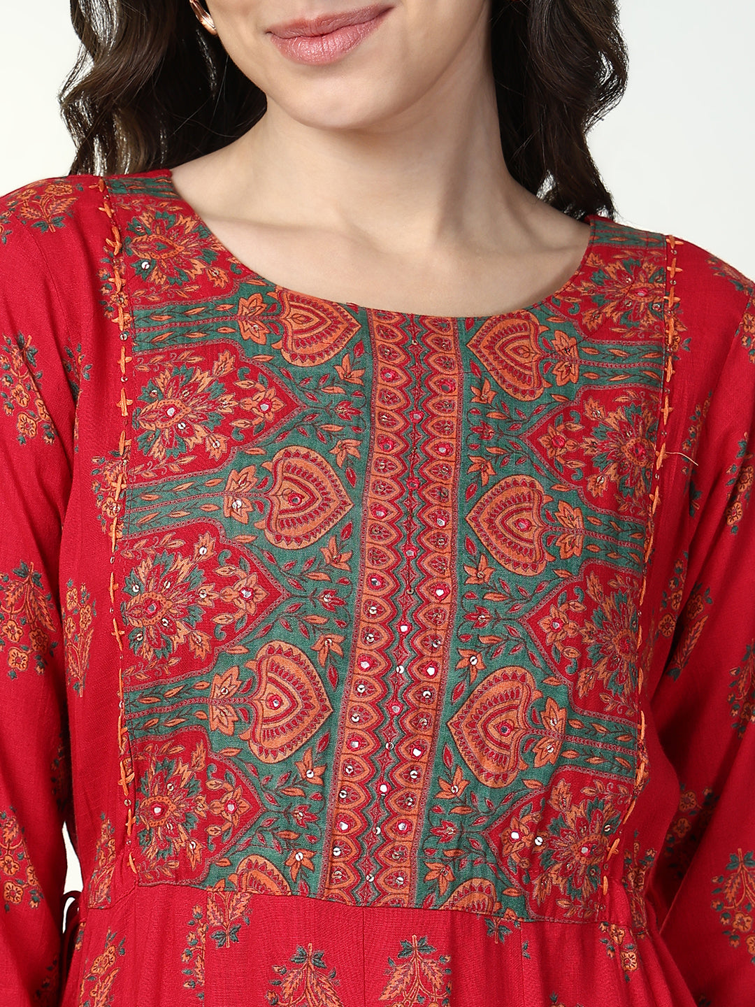 Women's Red Floral Anarkali Kurta
