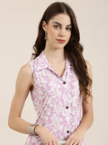 Women's Lavender Floral Printed Shirt Collar Sleeveless A-Line Kurta