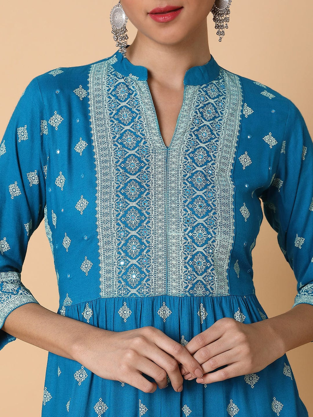 Women's A Line Blue Ethnic Motifs Kurta