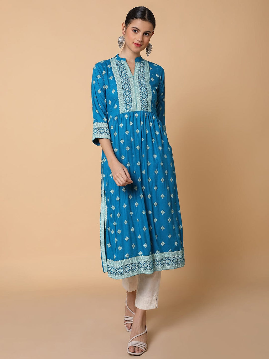 Women's A Line Blue Ethnic Motifs Kurta
