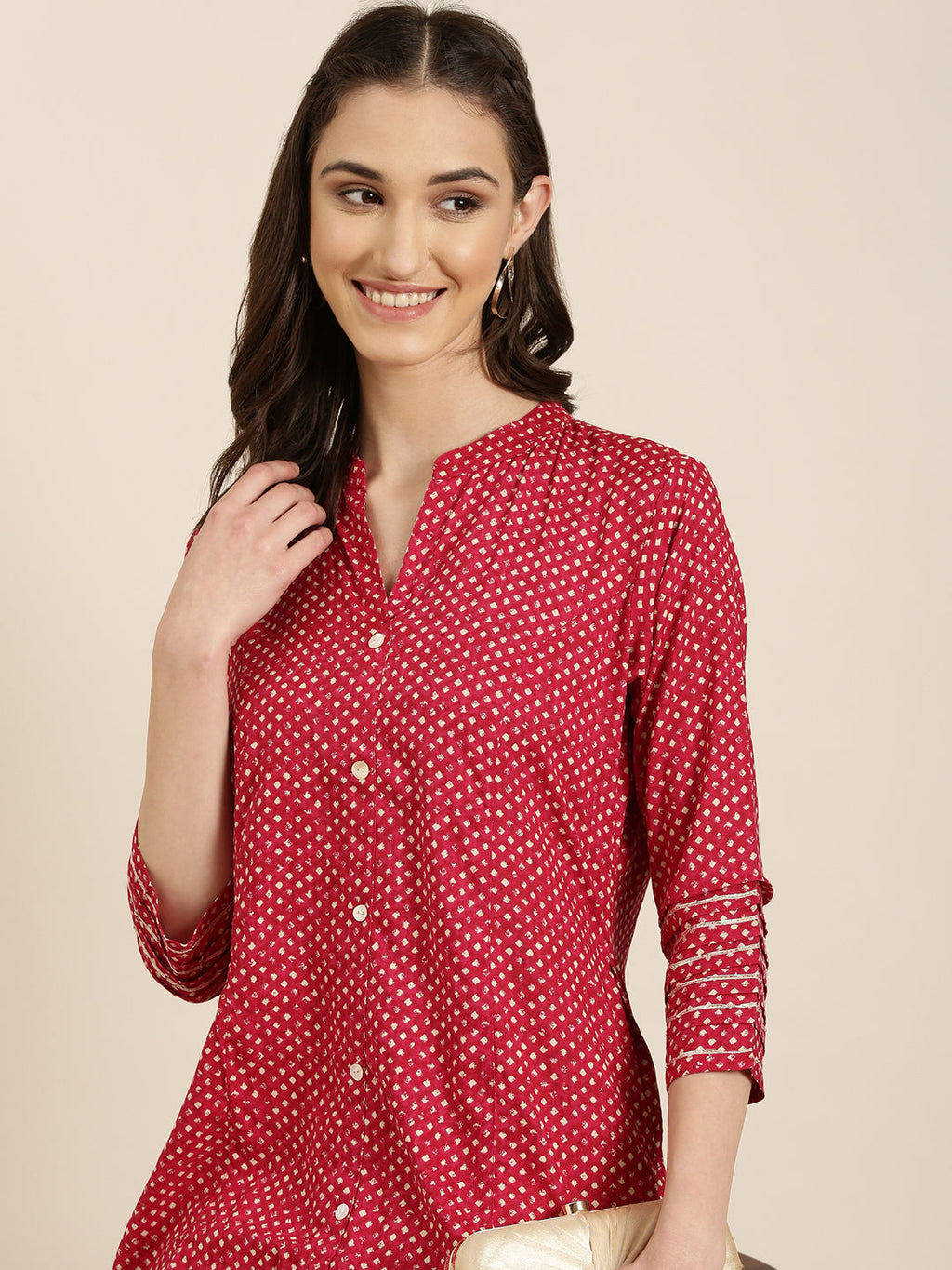 Women's Fuchsia Abstract Printed Mandarin Collar A-Line Kurta