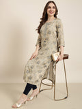 Women's Straight Beige Floral Kurta