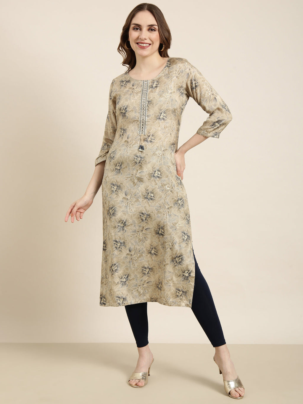Women's Straight Beige Floral Kurta