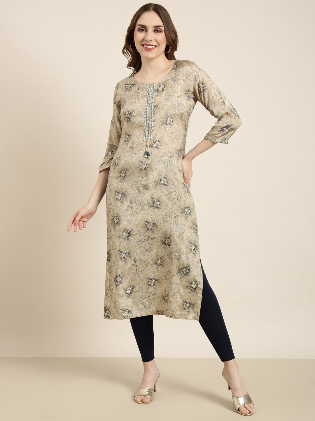 Women's Straight Beige Floral Kurta