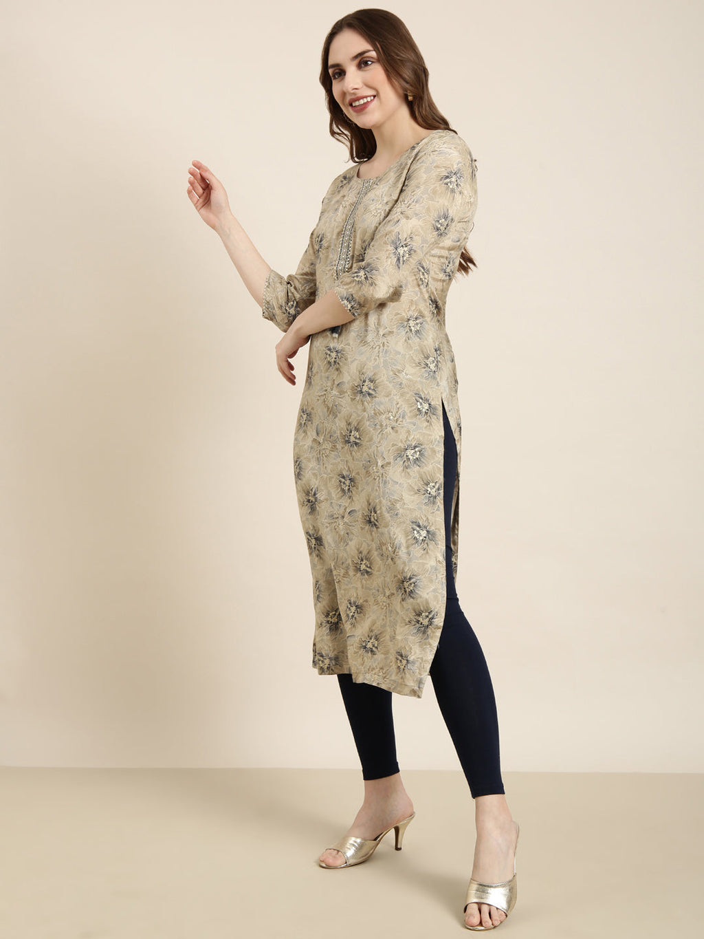 Women's Straight Beige Floral Kurta