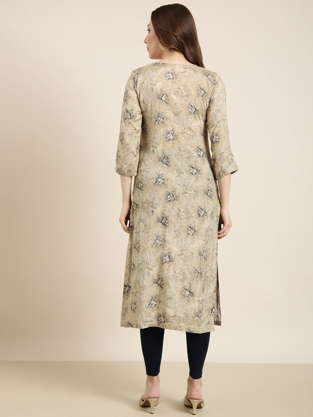 Women's Straight Beige Floral Kurta