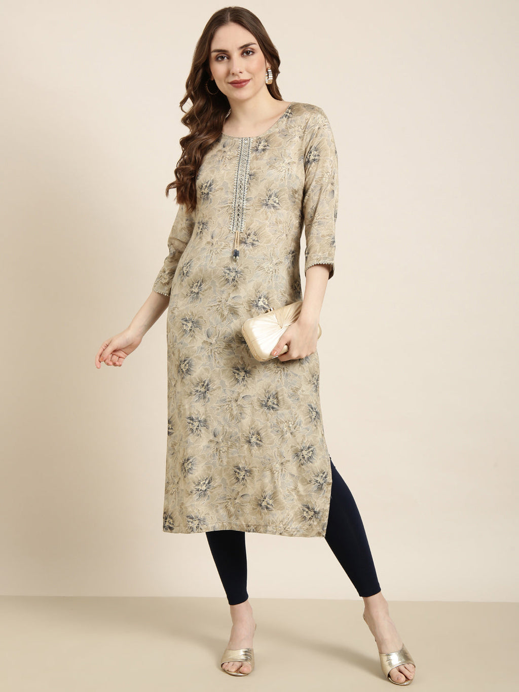 Women's Straight Beige Floral Kurta